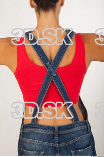 Upper body modeling pose blue jeans red singlet of Rebecca…